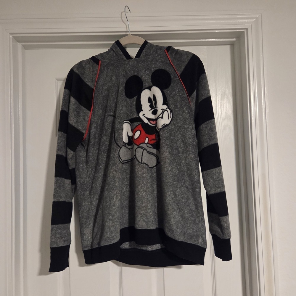 Disney Mickey Mouse Fleece Hoodie Gray Black Striped Pullover Sweatshirt L